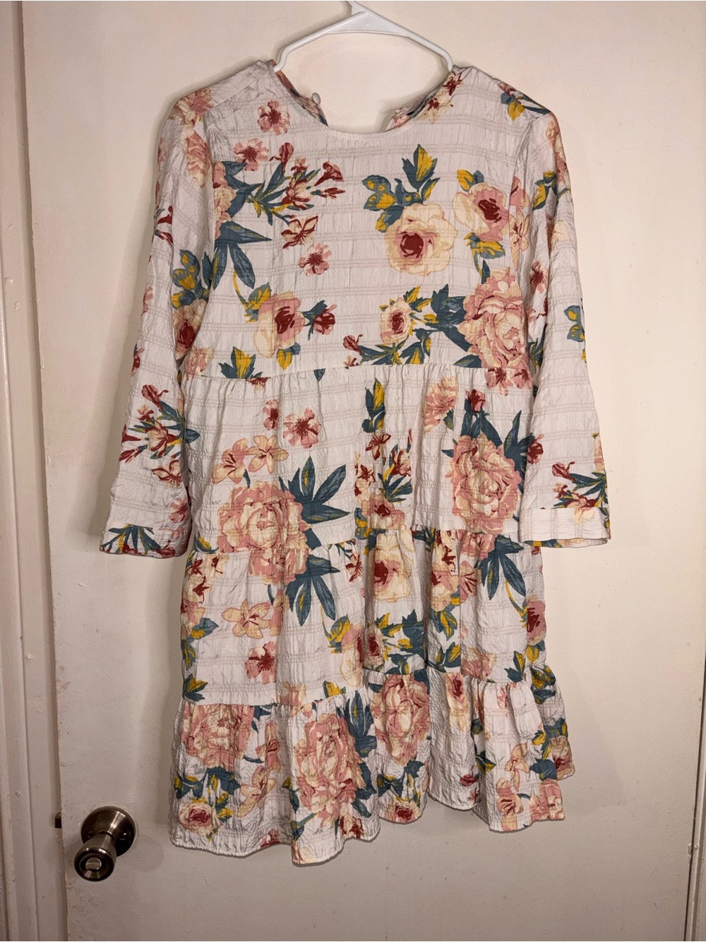 Zara Cream Dress with Pink Floral & Green Leaves